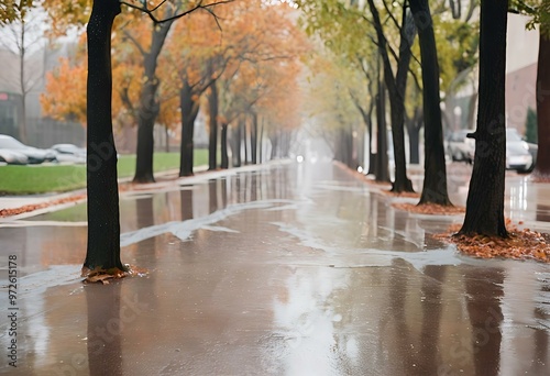 The cement floor in the public park is wet from rain, creating a glossy, reflective surface.
