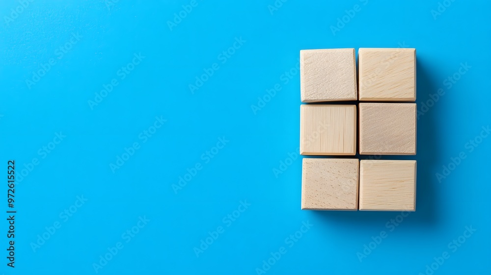 Obraz premium Six Wooden Blocks Arranged in a Rectangular Pattern on a Blue Background