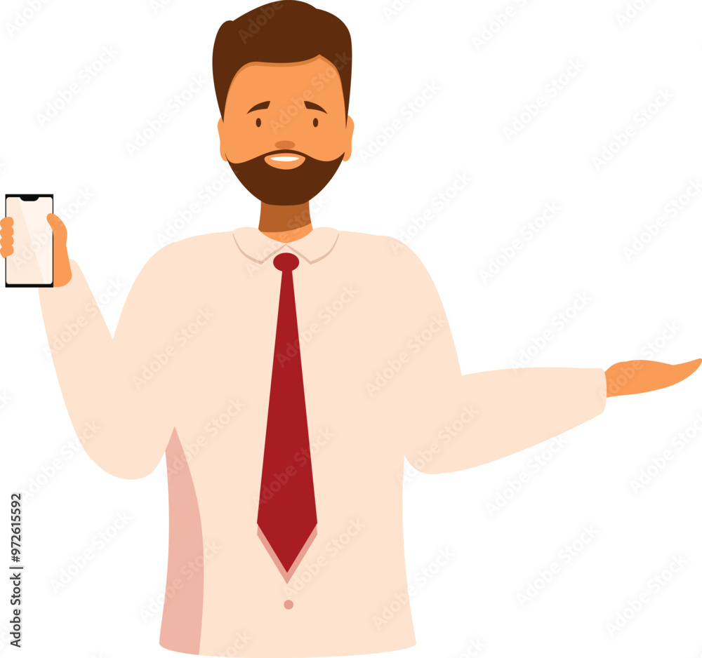 Fototapeta premium Businessman is holding a smartphone and gesturing with his hand like he is showing and presenting something