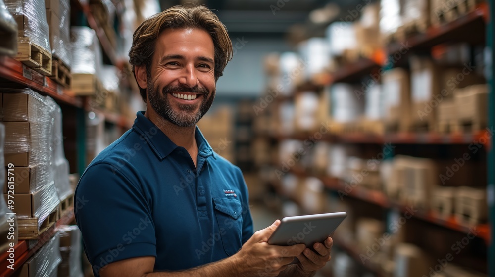 A smiling man holding a tablet, with a warehouse background featuring shelves full of boxes and a racking system A smiling man holding a tablet, with a warehouse background featuring shelves full of boxes and a racking system