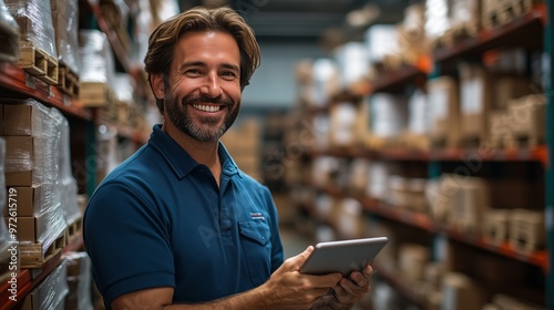 A smiling man holding a tablet, with a warehouse background featuring shelves full of boxes and a racking system