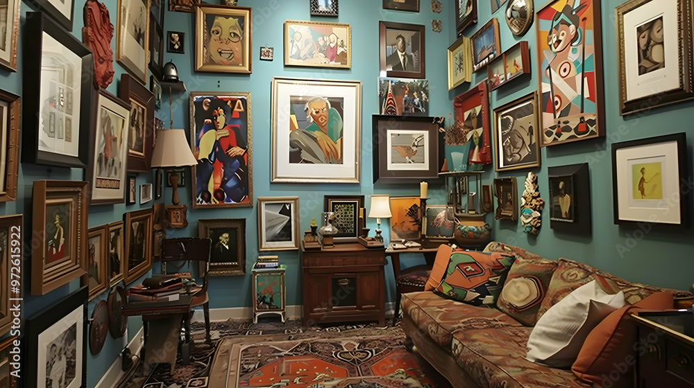 Obraz premium Trendy Painting Corner: The room also has a section dedicated to displaying artwork, with a gallery wall showcasing various paintings and prints in eclectic frames