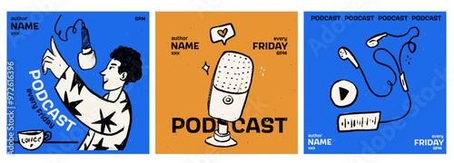  Set of 3 square ig post or Podcast cover. Radio and voice. Vector illustration with pencil texture. Doodle record music icons. Blue and orange colors.