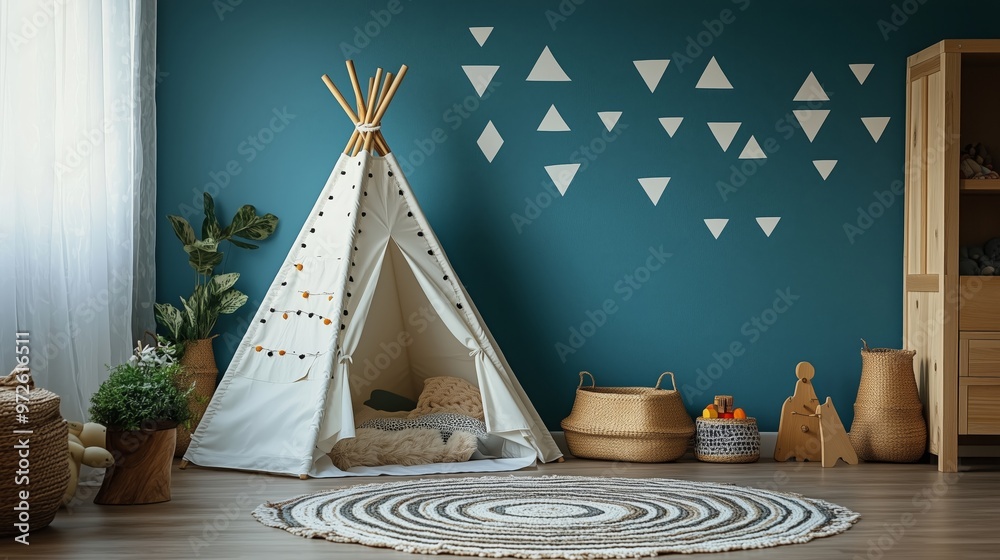 Obraz premium Cute children's room with a teal wall, white triangles on the wall, and a small bed in front of it