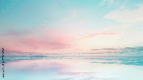 A beautiful blue sky with pink clouds and a calm ocean