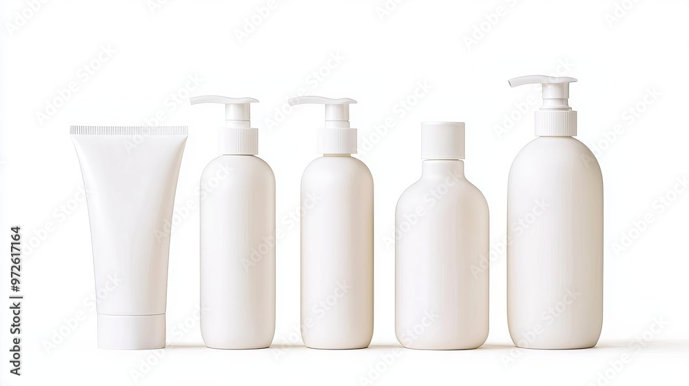 A collection of blank cosmetic containers in various shapes, perfect for branding and product design mockups.
