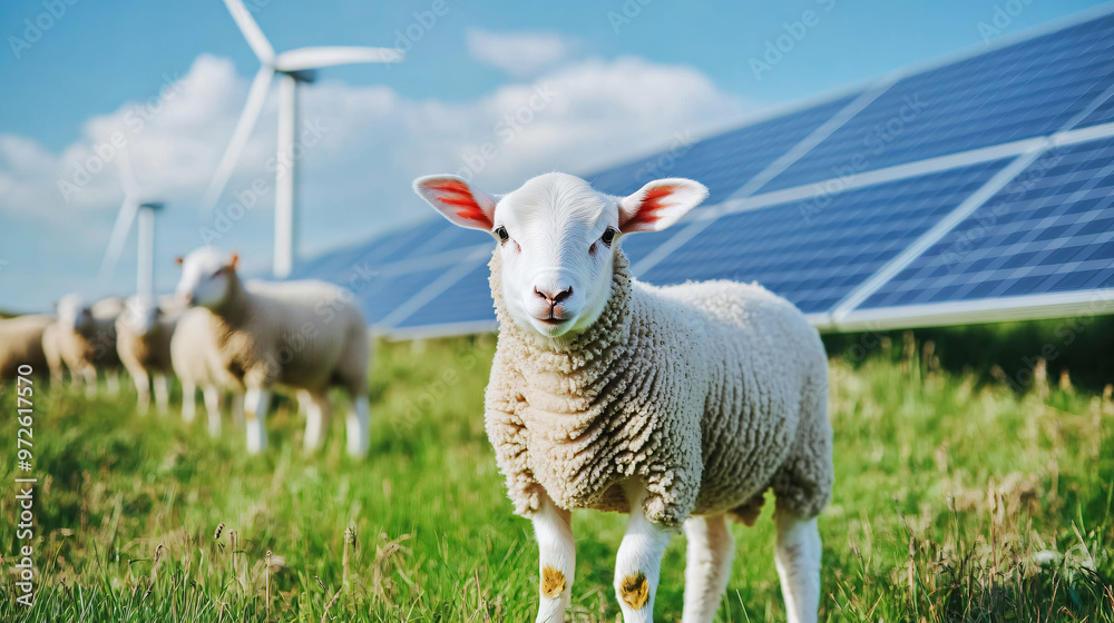 Lamb in a field with solar panels and wind turbines, showcasing sustainable farming practices