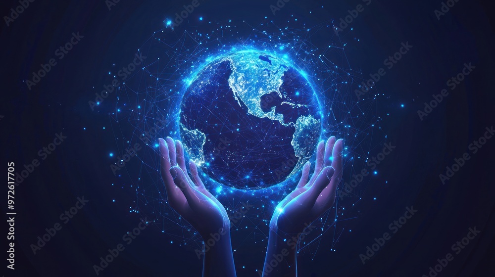 Fototapeta premium Abstract futuristic technology background with holographic Earth and hands on a dark blue backdrop, a vector illustration concept for global business or a world eco-balance symbol of success in digita