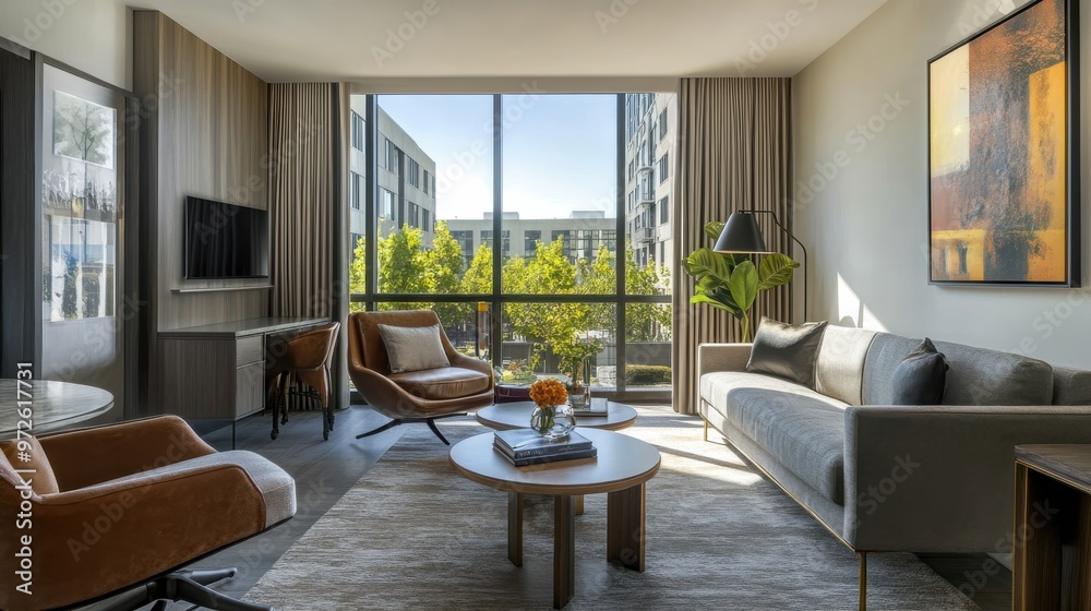Modern living room design featuring large windows and stylish furniture in a contemporary apartment setting during the day Modern living room design featuring large windows and stylish furniture in a contemporary apartment setting during the day