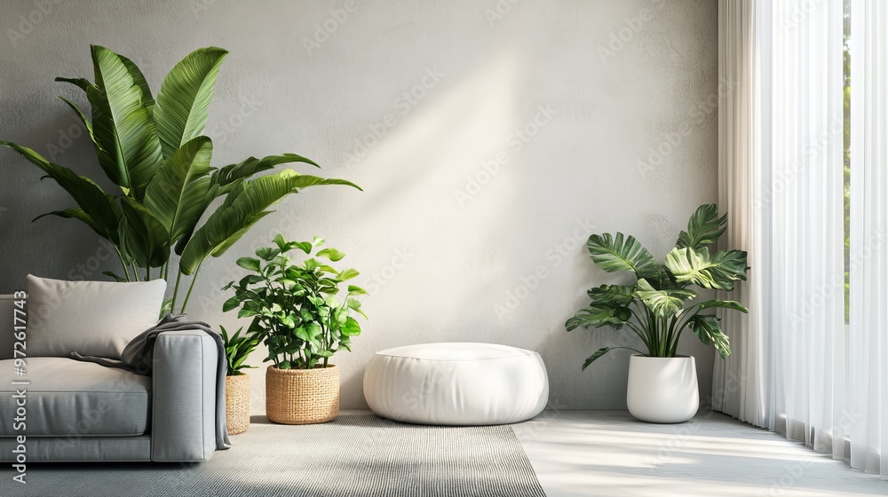 Bright and airy living room with potted plants and natural light in a modern home, showcasing a cozy atmosphere Bright and airy living room with potted plants and natural light in a modern home, showcasing a cozy atmosphere