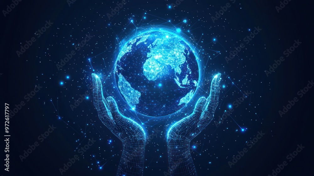 Abstract futuristic hologram of the Earth with hands on a dark blue background, vector illustration. This digital technology concept design represents global business and cyber security.generative ai Abstract futuristic hologram of the Earth with hands on a dark blue background, vector illustration. This digital technology concept design represents global business and cyber security.generative ai