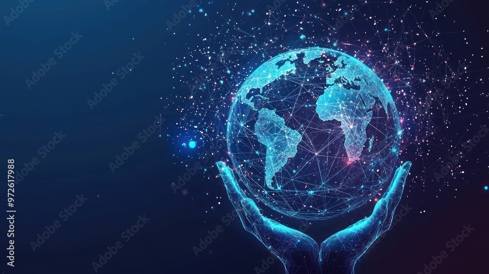 Fototapeta premium Abstract futuristic hologram of the planet Earth and hands on a dark blue background, a vector illustration. Holographic icon element. Vector Illustration. AI digital creation concept.generative ai