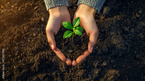 Farmer cradles a small plant with soil in her hands, symbolizing new beginnings and growth