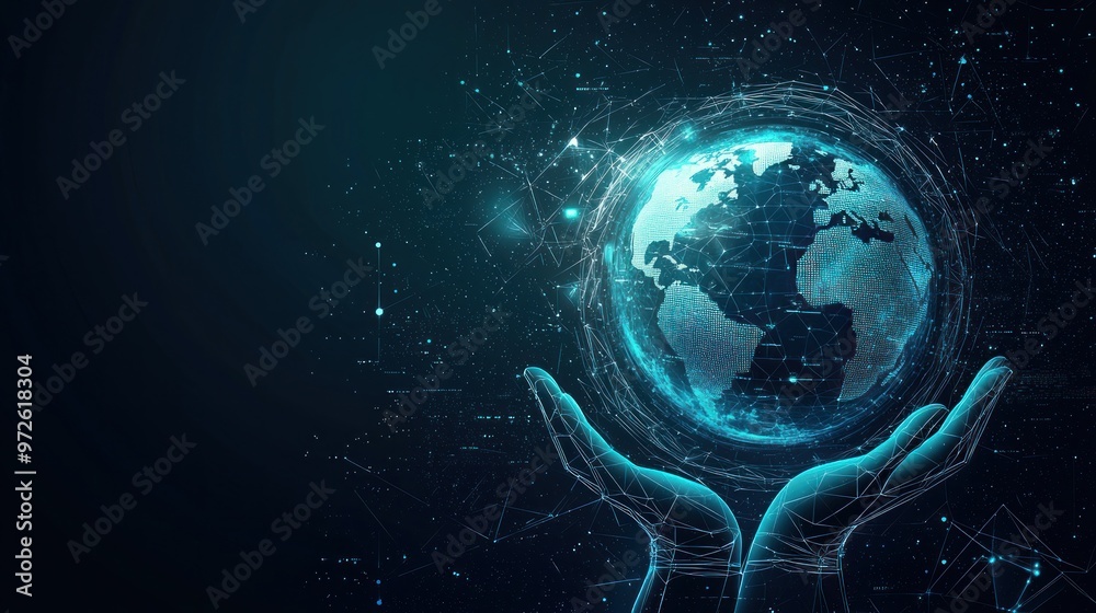Fototapeta premium Abstract futuristic hologram of the planet Earth and hands on a dark blue background, a vector illustration. Holographic icon element. Vector Illustration. AI digital creation concept.generative ai