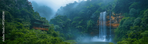  Khao Yai National Park, lush forest and waterfalls cascading down from the cliffs. The sound of the waterfall echoes in the forest, among the tall trees. photo