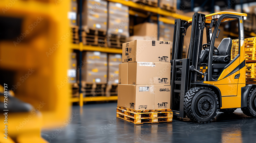 Forklift in a warehouse next to stacked boxes on pallets, showcasing efficient logistics and storage solutions. Forklift in a warehouse next to stacked boxes on pallets, showcasing efficient logistics and storage solutions.