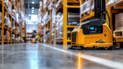 Automated warehouse scene showcasing a robotic pallet jack navigating between shelves filled with crates and boxes.