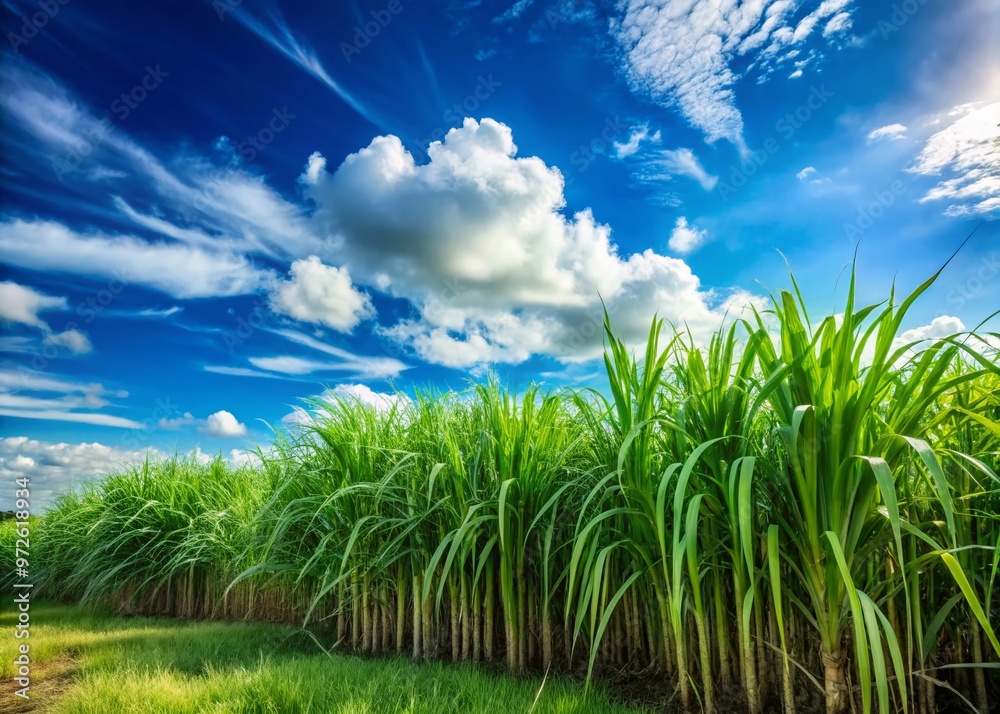 Lush green sugar cane stalks sway gently in the breeze under a bright blue sky with wispy clouds, Lush green sugar cane stalks sway gently in the breeze under a bright blue sky with wispy clouds,