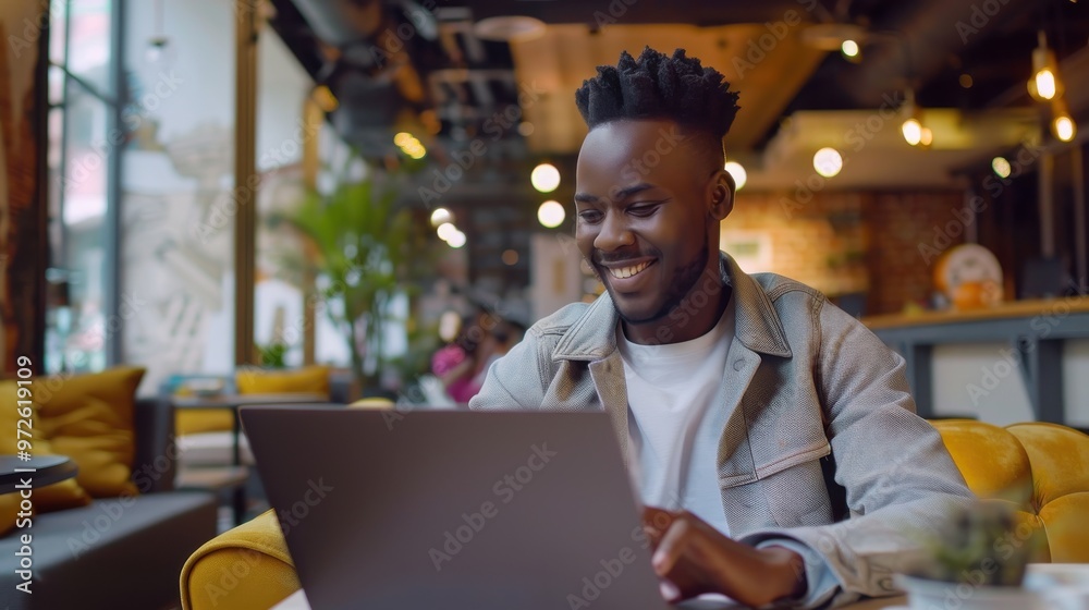 A young man is sitting on a couch with a laptop in front of him A young man is sitting on a couch with a laptop in front of him