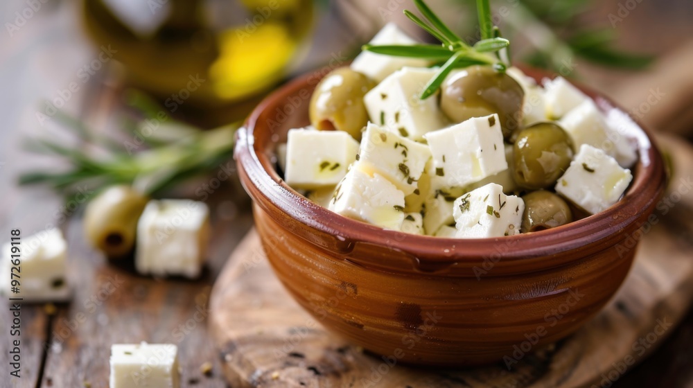 Feta cheese and olives in a bowl on a wooden surface Feta cheese and olives in a bowl on a wooden surface