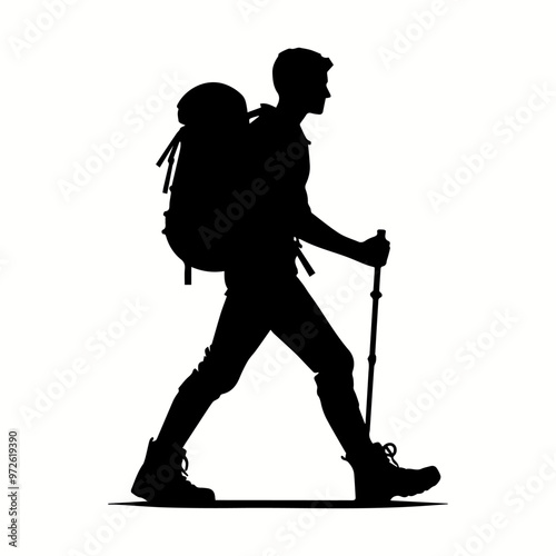 Hiker Silhouette Walking with Walking Stick on Rocky Peak for Custom T-Shirt Art