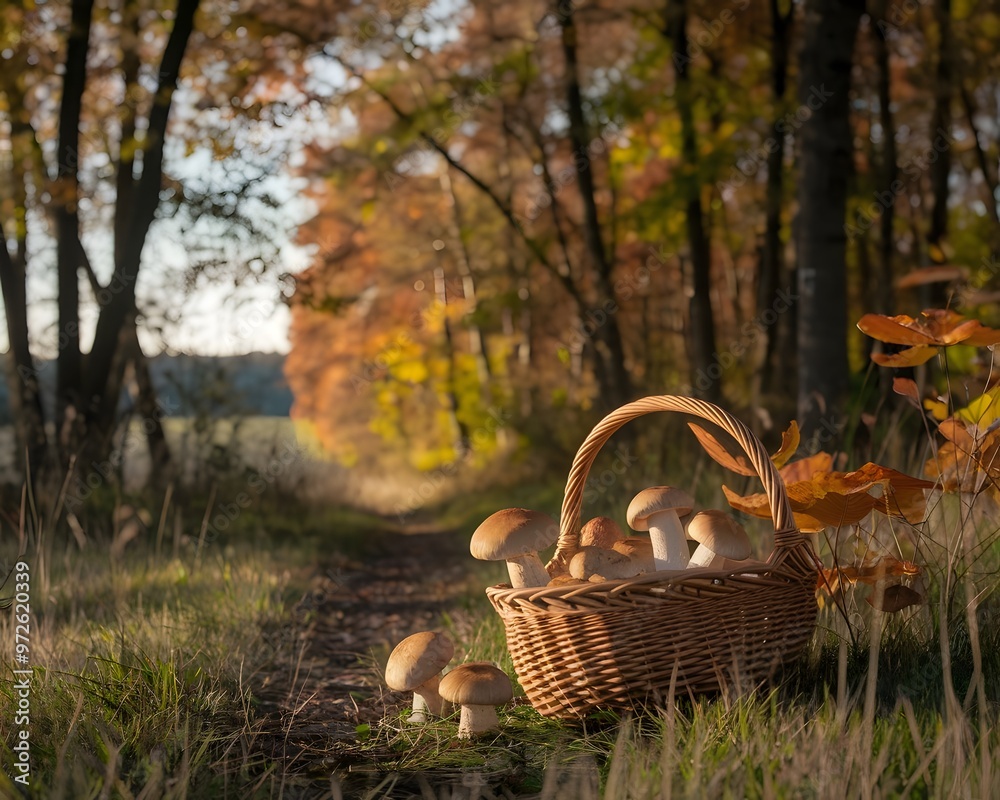 Basket full of mushrooms in the forest Basket full of mushrooms in the forest