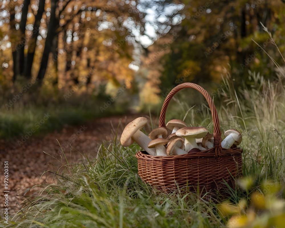 Basket full of mushrooms in the forest Basket full of mushrooms in the forest