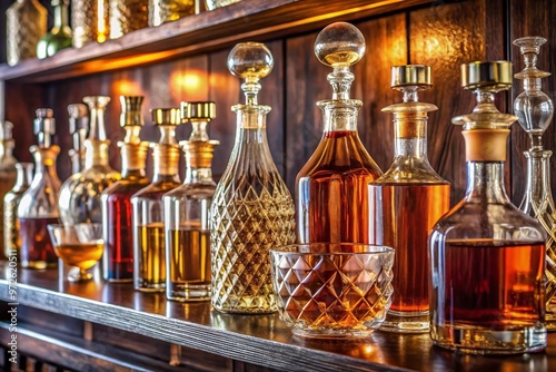 Luxurious glass liquor bottles of various shapes and sizes, ornately decorated with labels and stoppers, arranged photo