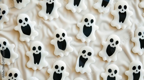 A bunch of Halloween ghosts are sitting on a white background