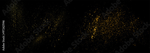 Gold glitter texture on black background. Wide vector sparkling stardust banner. Golden dust bg. Shiny abstract confetti backdrop. Magical sparkling particles background