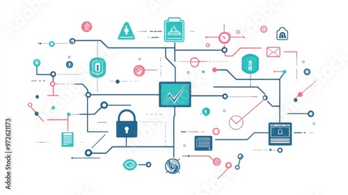 Abstract representation of digital security concepts with interconnected icons and data visualizations in a modern design