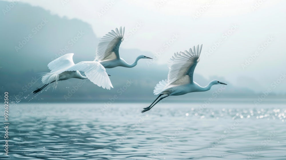 Obraz premium White Crane Flying Photography, Soda, Realistic Style, White Birds Are Flying, Real Photography, Distant Mountains, Soda, Cranes Are Flying