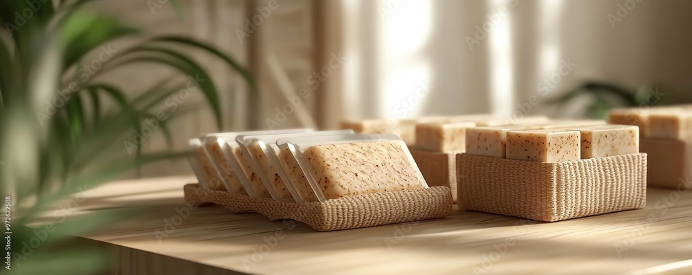 Close-up of natural soap bars arranged on a wooden table, surrounded by soft natural light and green plants. Close-up of natural soap bars arranged on a wooden table, surrounded by soft natural light and green plants.