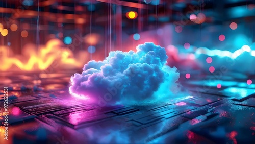 Futuristic abstract AI cloud on neon circuit background, data cloud for technology visuals