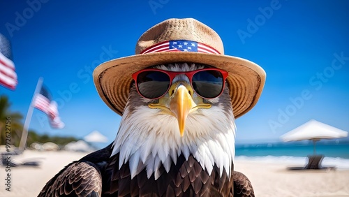 Bald eagle in sunglasses and hat on sunny beach with US flags, patriotic summer vacation poster