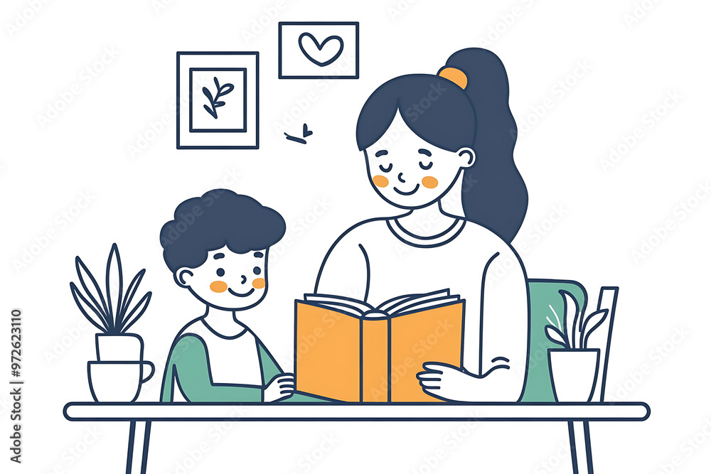 A mother sits at a table reading a book to her child, creating a warm and educational moment, ideas for parenting and family themes. A mother sits at a table reading a book to her child, creating a warm and educational moment, ideas for parenting and family themes.
