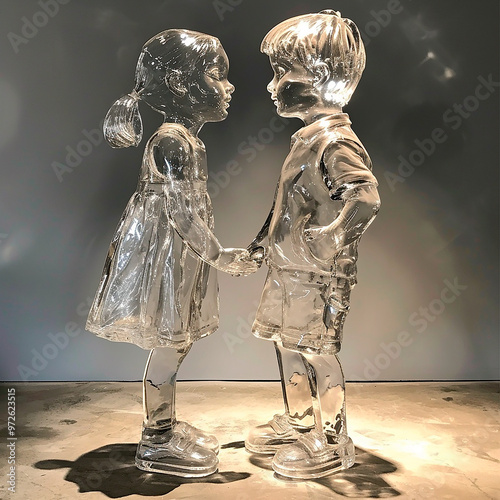 Crystal Clear Sculpture of a Boy and Girl Holding Hands, Capturing Innocence and Connection in a Minimalist Display photo