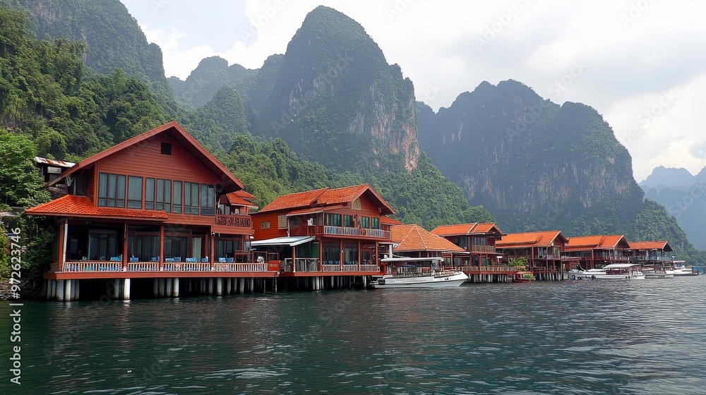 Obraz premium Traditional Thai Overwater Bungalows in Tranquil Paradise with Scenic Mountain Views, Thailand