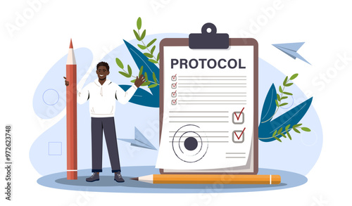 Man with protocol. Young guy with huge red pencil near worksheet. Planning and setting goals, organizing effective work process. Flat vector illustration isolated on white background