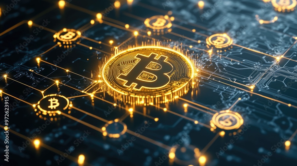 A glowing Bitcoin logo hovering over a dark background, surrounded by interconnected blockchain symbols.
