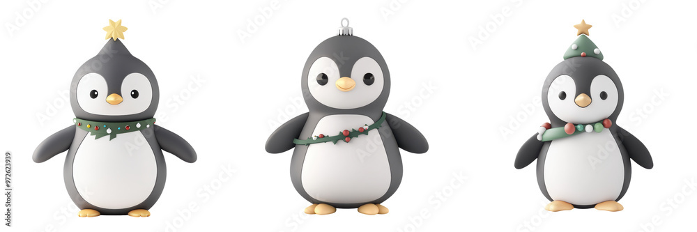 Fototapeta premium Adorable cartoon penguins adorned with festive hats and decorations, perfect for holiday-themed illustrations and designs.