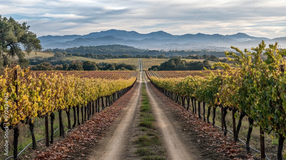 Fototapeta premium A narrow dirt road through a vineyard, with rows of grapevines stretching out toward the horizon.