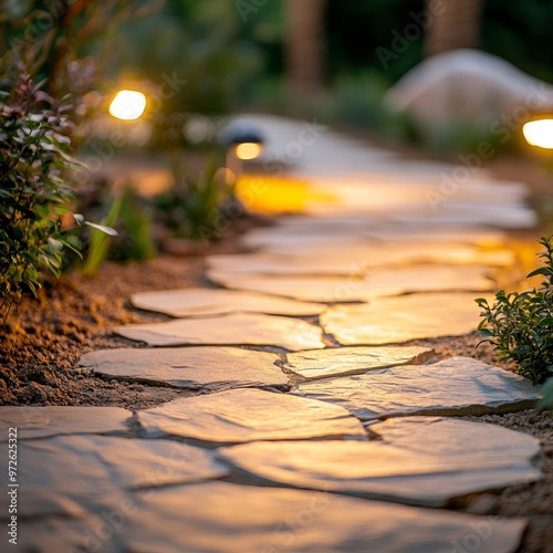 Evening ambiance. Garden stone walkway with modern lights illuminating path , cozy outdoor space photo