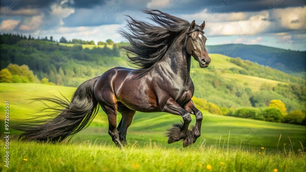 Majestic black horse standing alone in a lush green meadow, mane and tail flowing in the wind, powerful Majestic black horse standing alone in a lush green meadow, mane and tail flowing in the wind, powerful