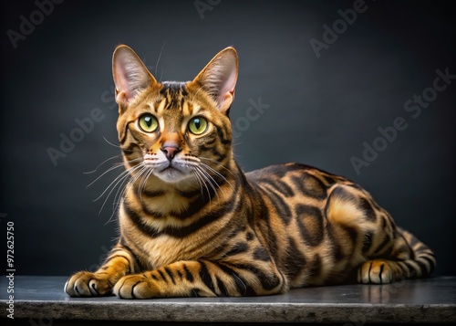 Majestic black marble Bengal cat with distinctive spotted coat and vibrant green eyes posing regally on a sleek photo