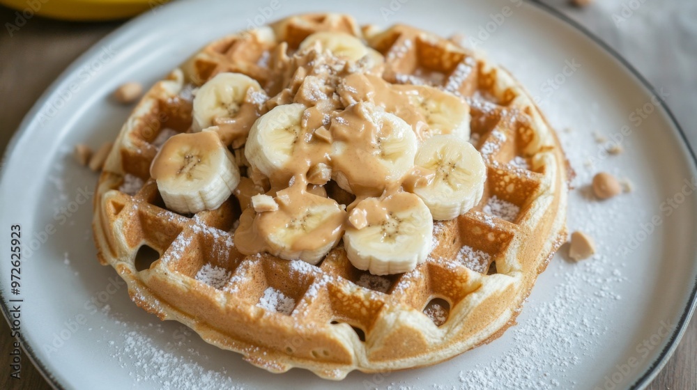 A waffle topped with sliced bananas, peanut butter, and powdered sugar.