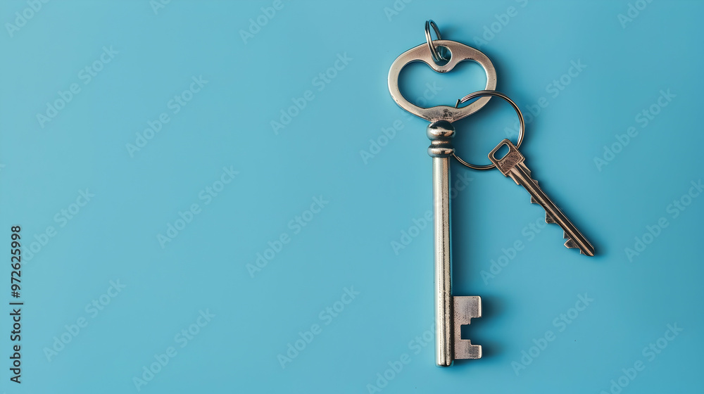 Silver key with space for message on keychain, against a soft blue background, representing the start of a new home era Silver key with space for message on keychain, against a soft blue background, representing the start of a new home era