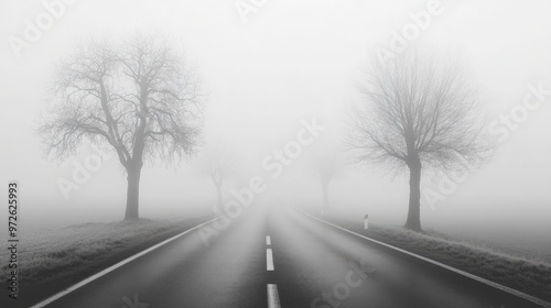 A road through a dense fog, with barely visible trees lining the way.