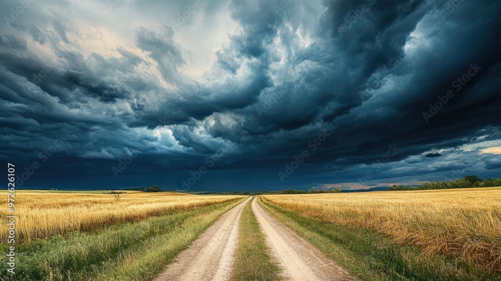 A road through an open field, with dramatic storm clouds gathering in the distance. A road through an open field, with dramatic storm clouds gathering in the distance.