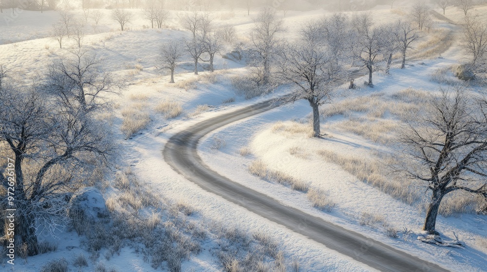 Obraz premium A road winding through a snowy landscape, with bare trees and frost-covered grass.